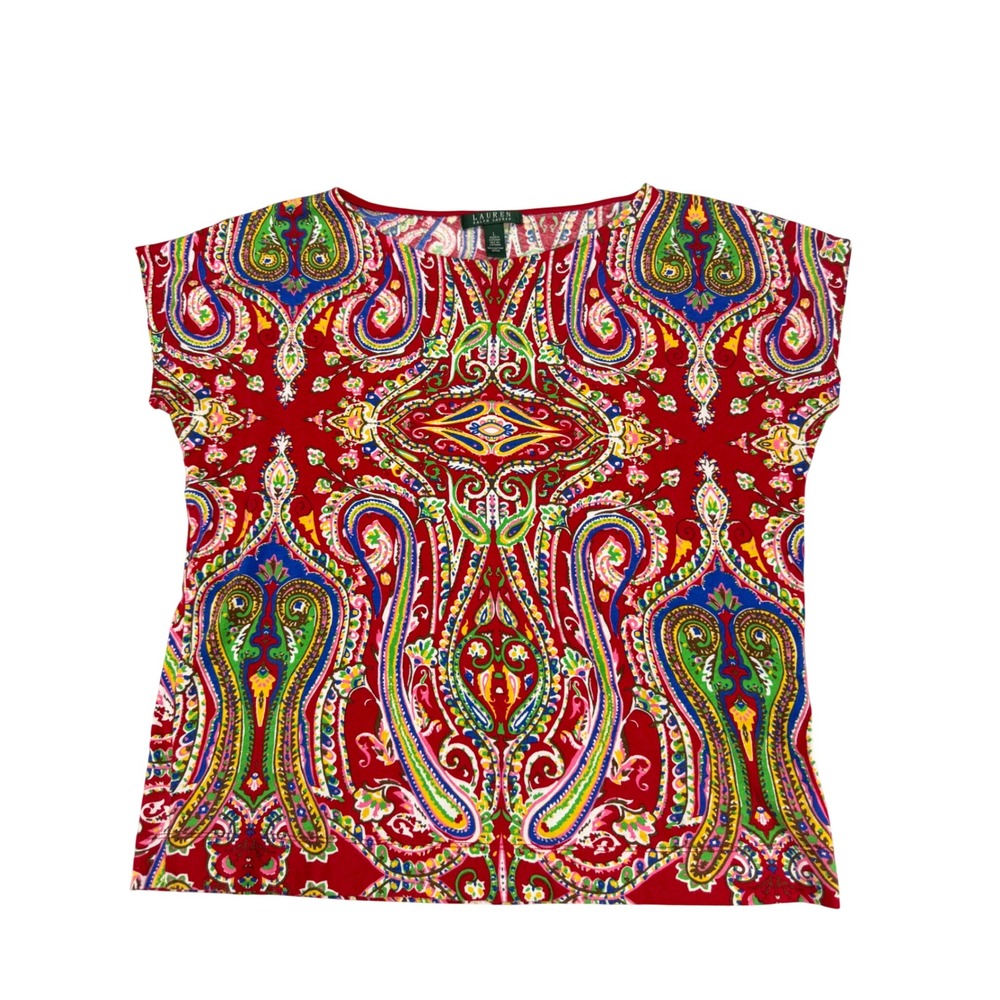 Lauren Ralph Lauren Women Red Multi Paisley Cotton Short Sleeve Top Large